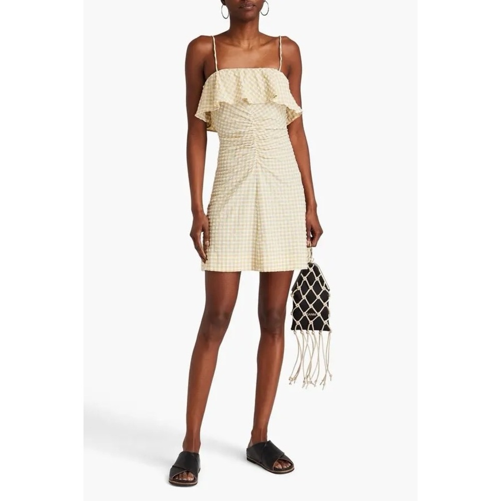 GANNI  Ruched Gingham Seersucker Mini Dress Size 36